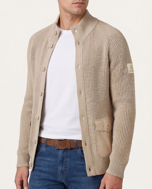 Blue Industry vest met knopen beige grof gebreid effen