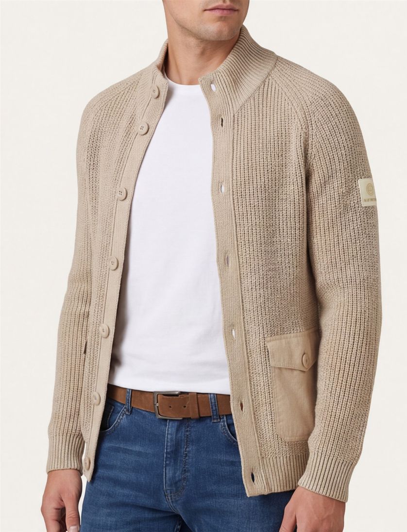 Blue Industry vest met knopen beige grof gebreid effen