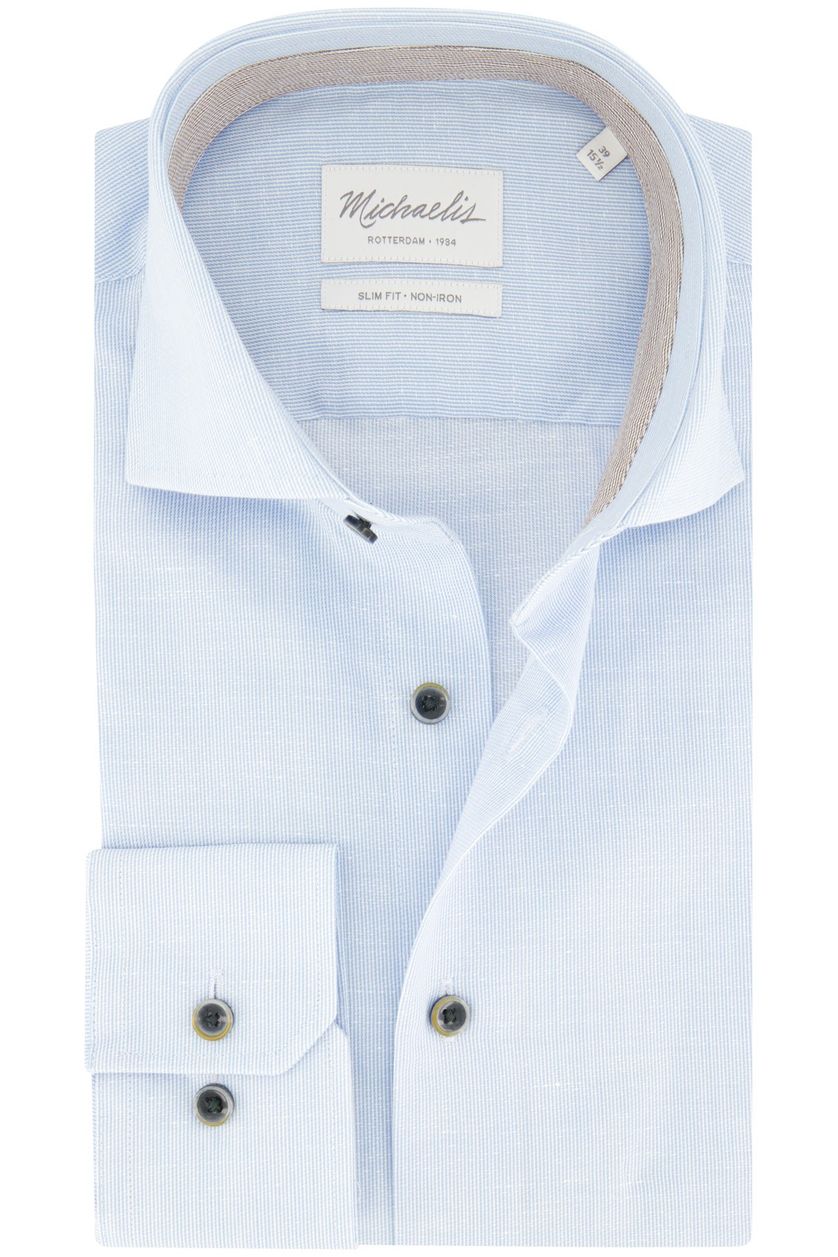 Slim fit katoen en linnen Michaelis overhemd blauw gemêleerd
