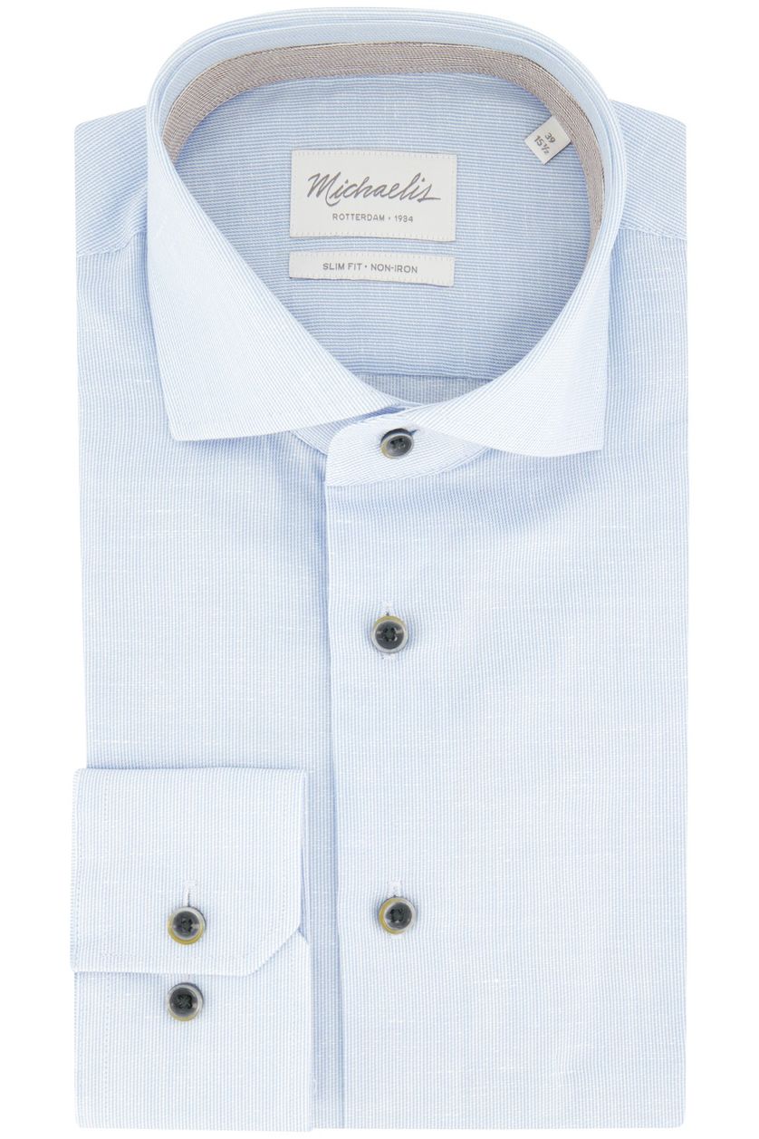Slim fit katoen en linnen Michaelis overhemd blauw gemêleerd