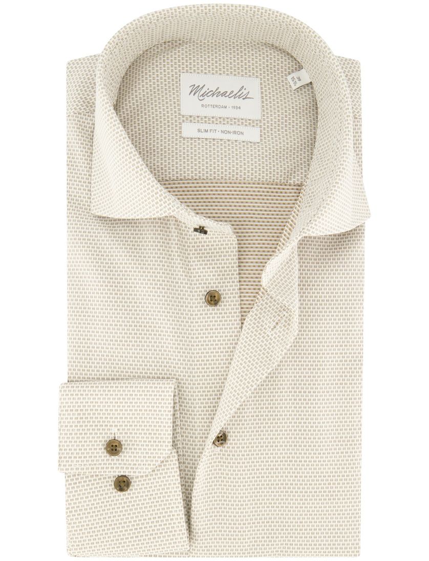 Strijkvrij overhemd katoen beige geprint Michaelis slim fit