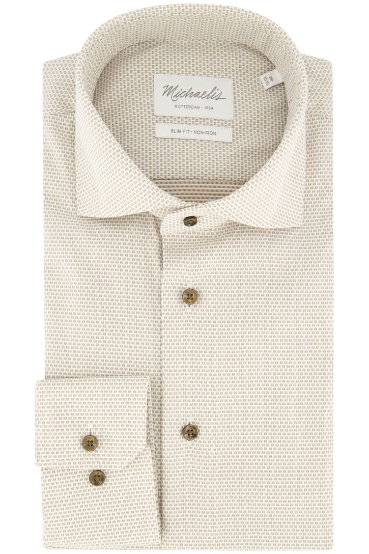 Strijkvrij overhemd katoen beige geprint Michaelis slim fit