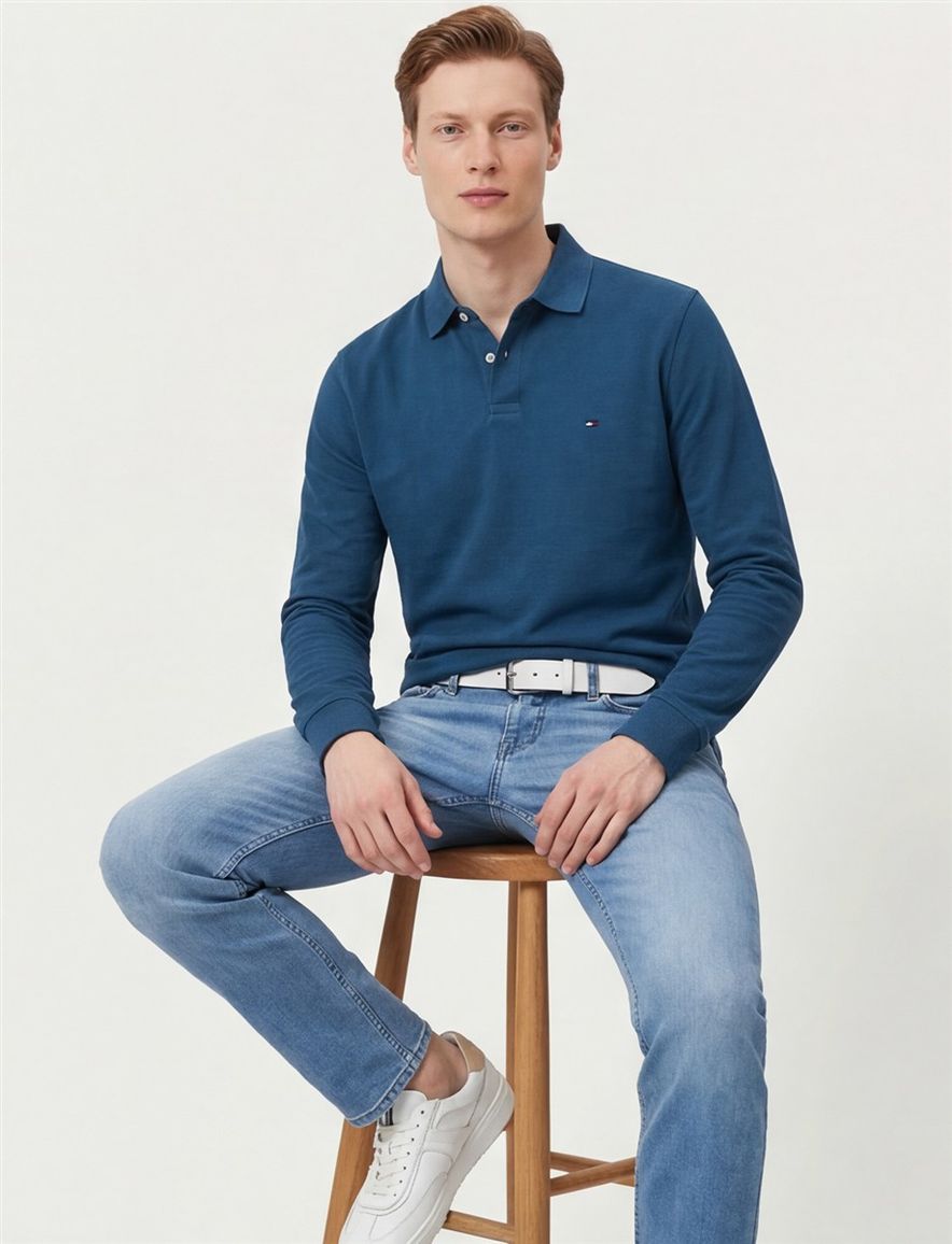 polo Tommy Hilfiger blauw effen katoen, stretch normale fit