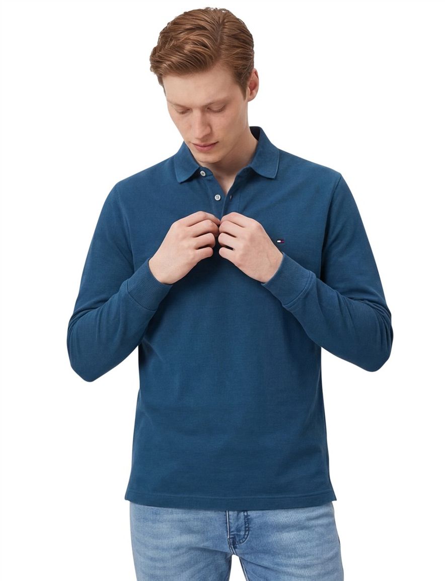 polo Tommy Hilfiger blauw effen katoen, stretch normale fit