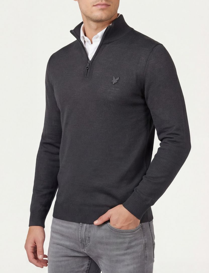 trui Lyle & Scott grijs half zip effen merinowol slim fit