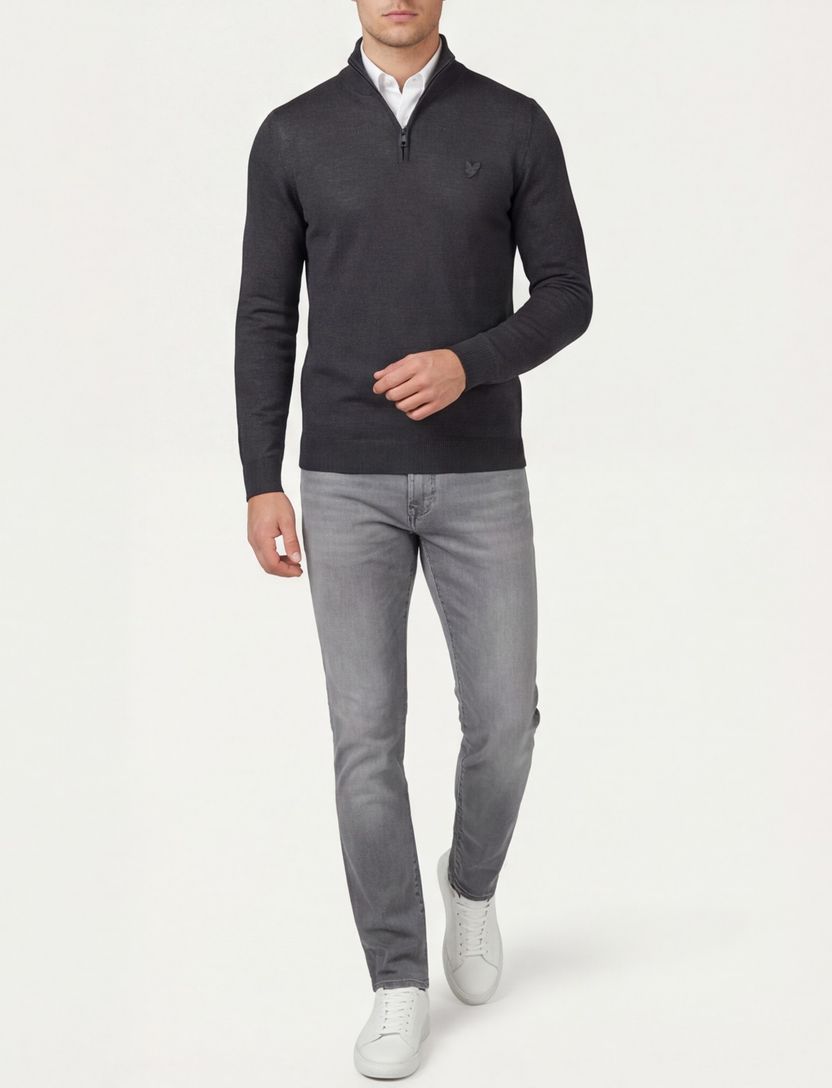 trui Lyle & Scott grijs half zip effen merinowol slim fit