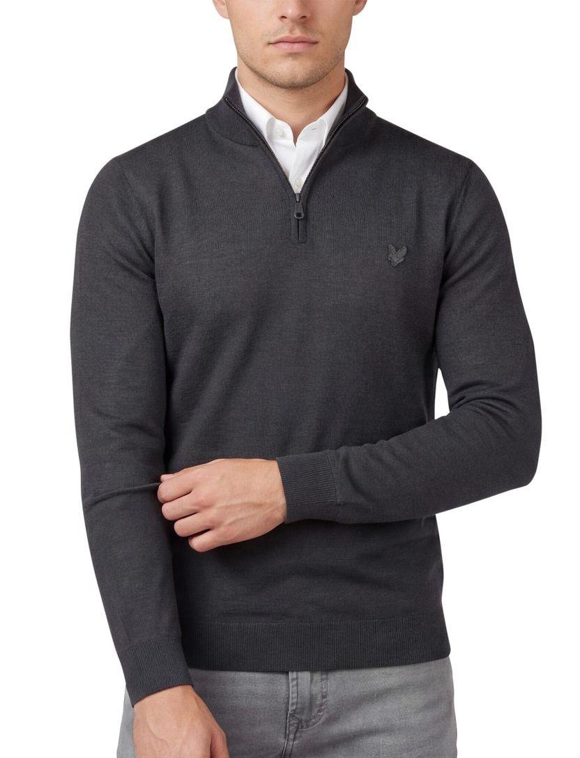 trui Lyle & Scott grijs half zip effen merinowol slim fit