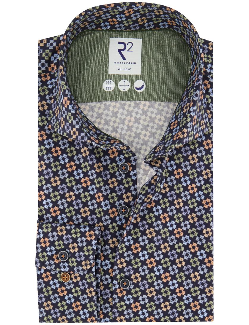 R2 overhemd navy geprint katoen slim fit 100% katoen