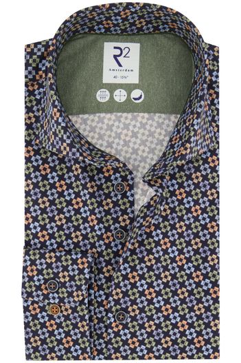 R2 R2 overhemd slim fit donkerblauw geprint wide spread boord