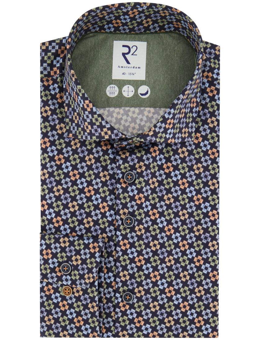 R2 overhemd navy geprint katoen slim fit 100% katoen