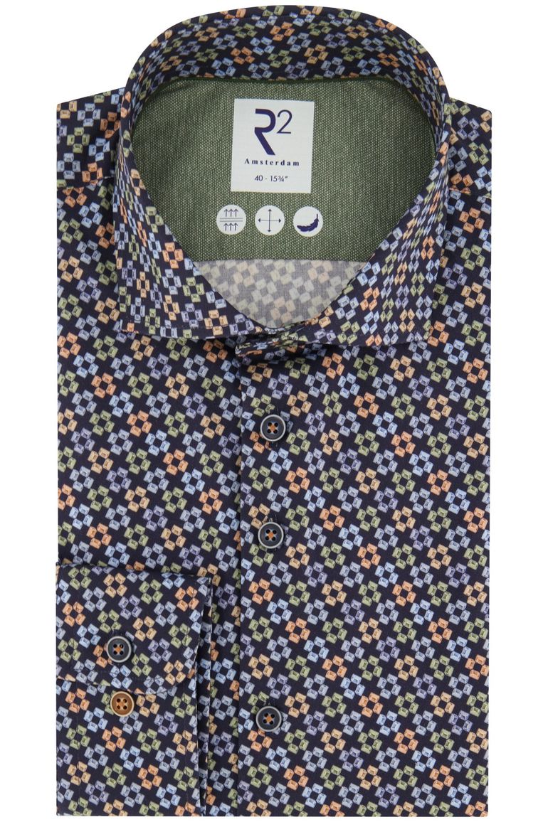 R2 overhemd slim fit donkerblauw geprint wide spread boord