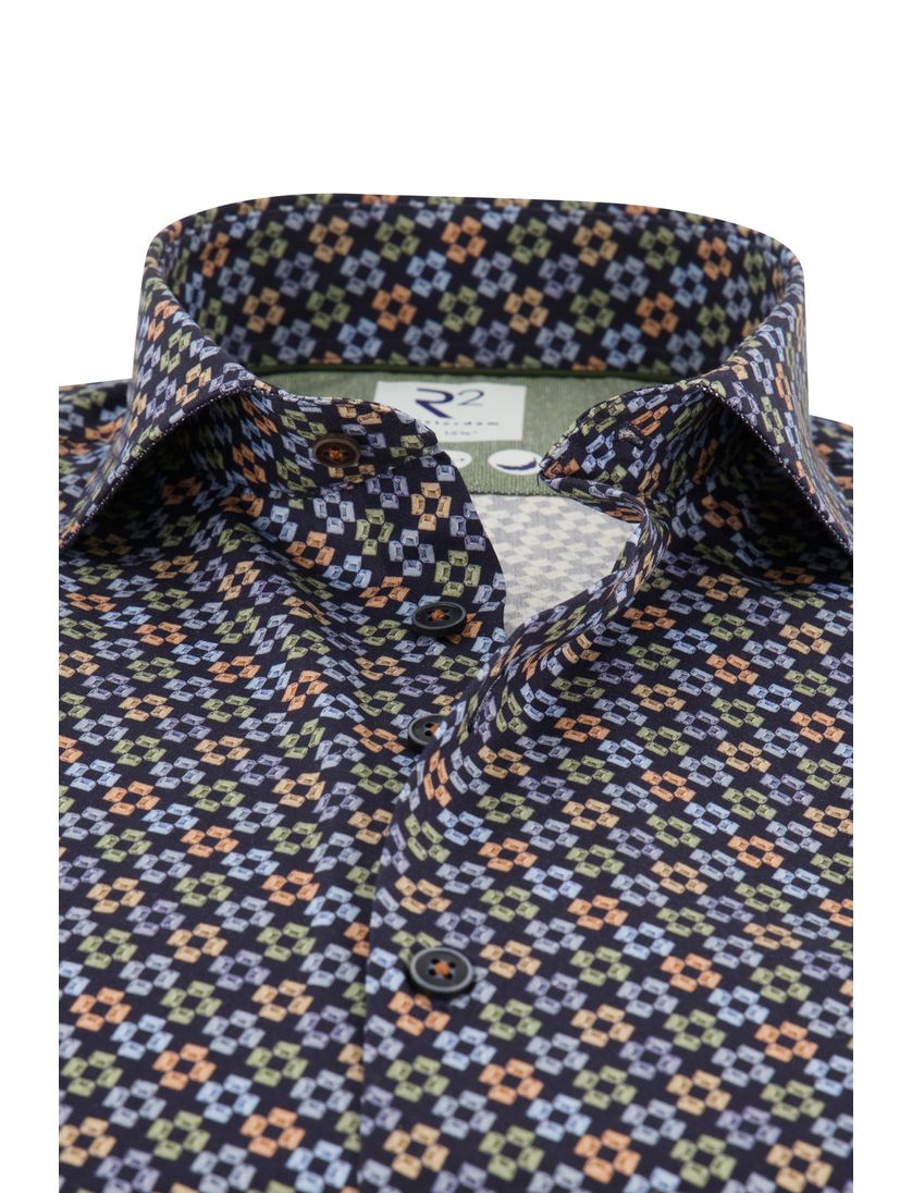 R2 overhemd navy geprint katoen slim fit 100% katoen