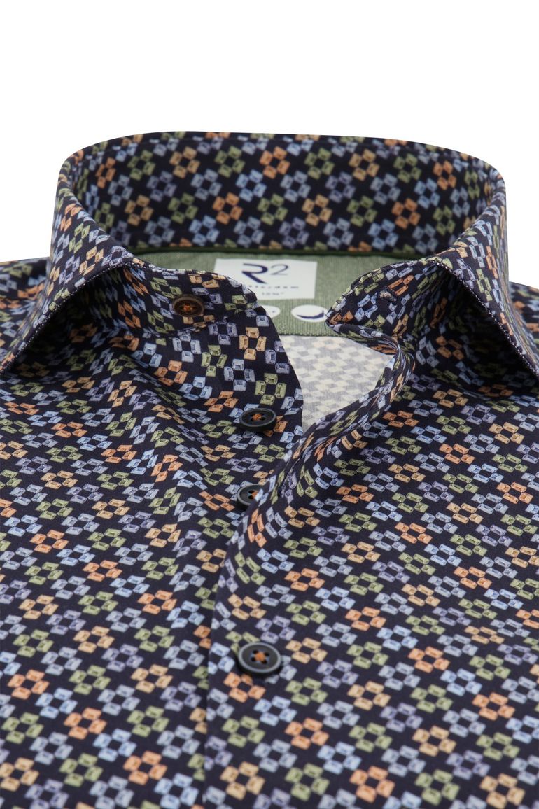 R2 overhemd slim fit donkerblauw geprint wide spread boord