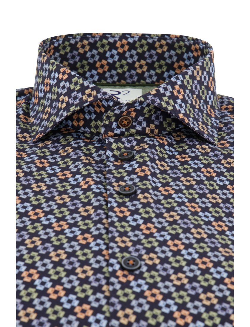 R2 overhemd navy geprint katoen slim fit 100% katoen