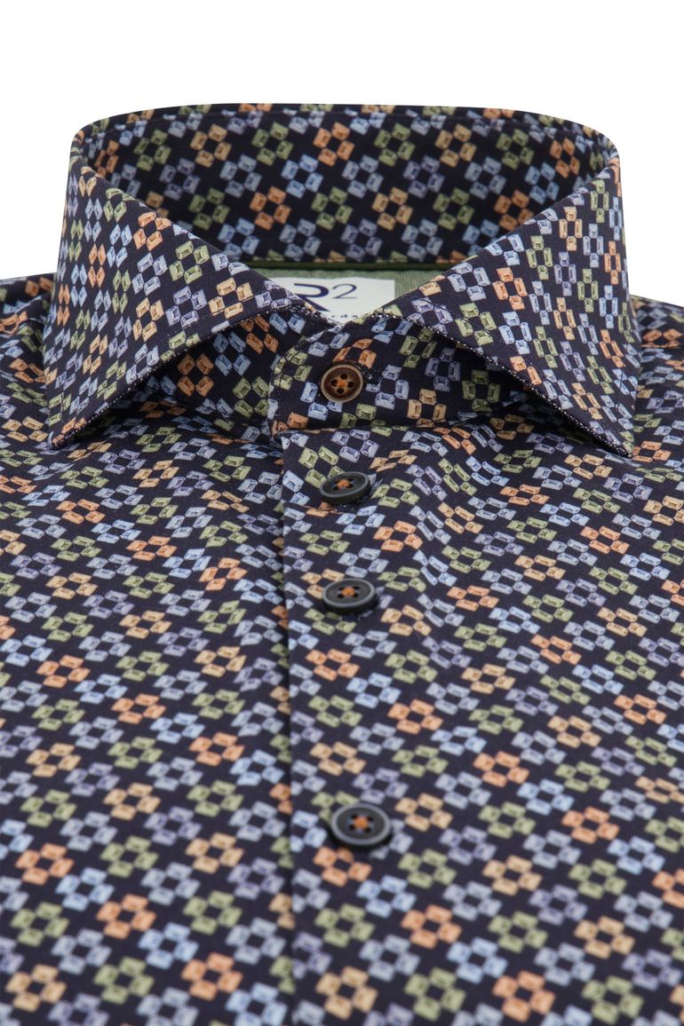 R2 overhemd slim fit donkerblauw geprint wide spread boord