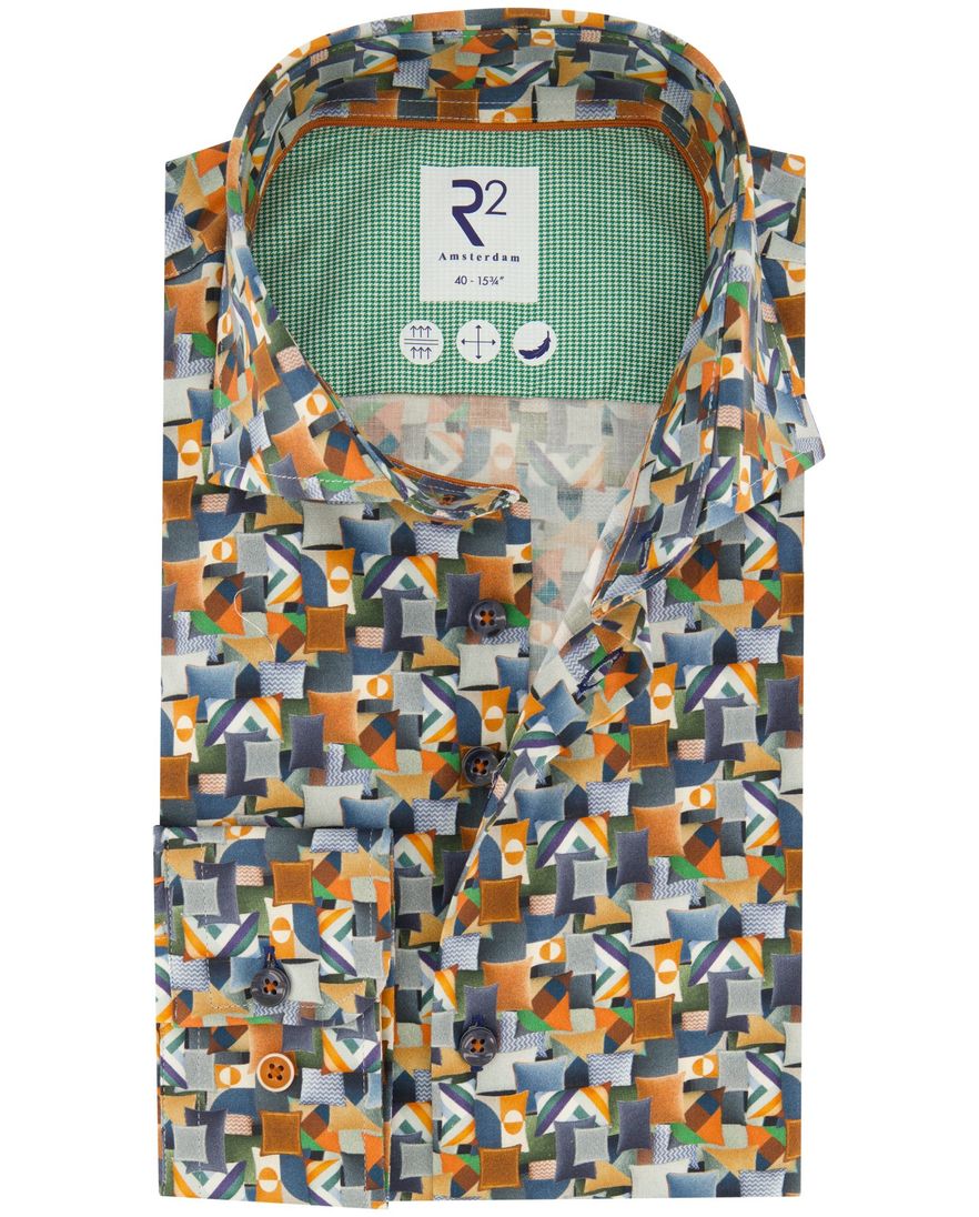 R2 casual overhemd slim fit oranje geprint katoen