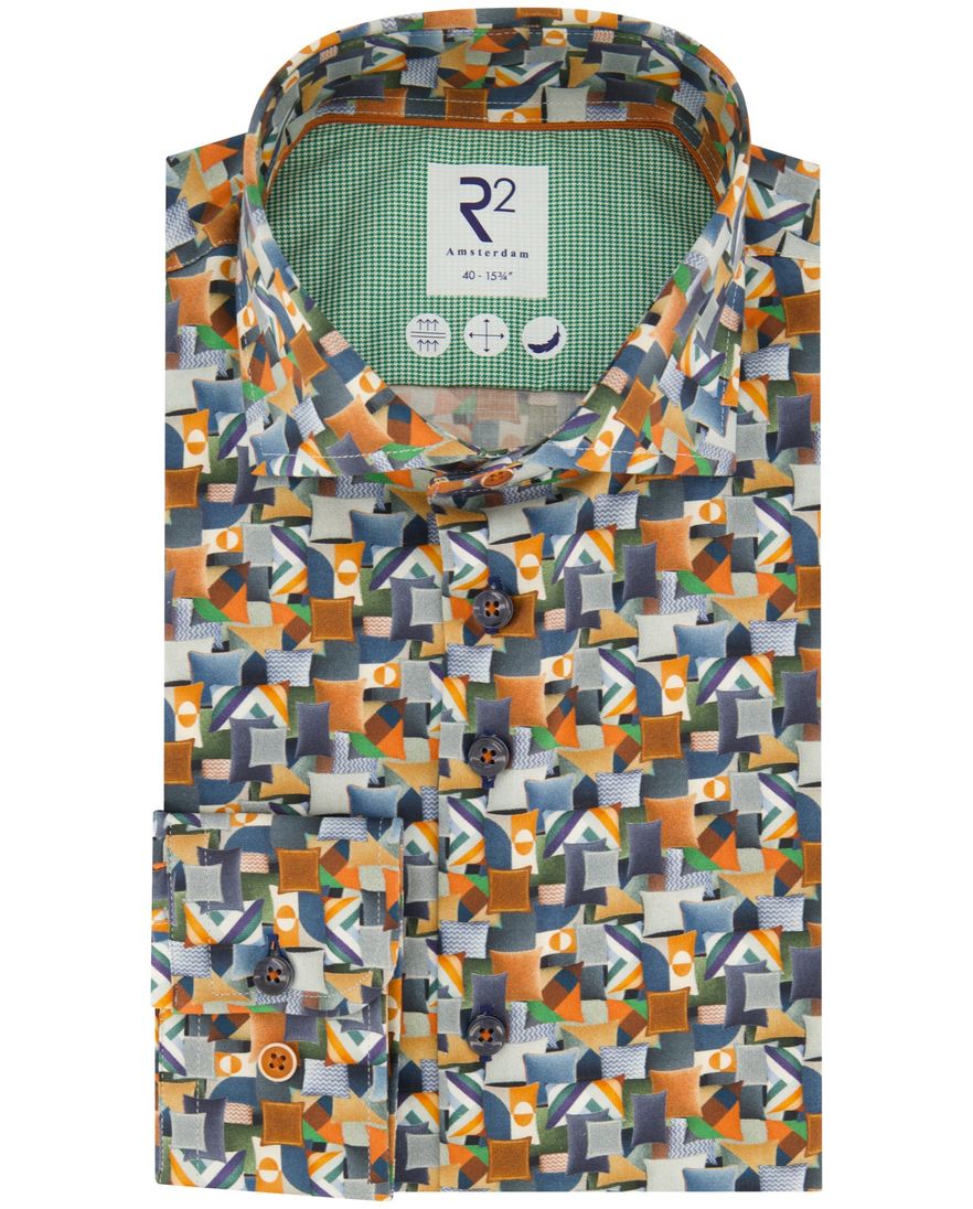 R2 casual overhemd slim fit oranje geprint katoen