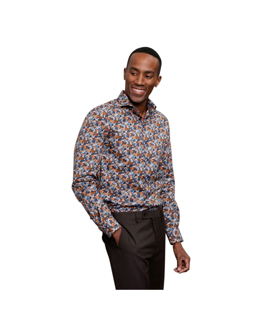 R2 casual overhemd slim fit oranje geprint katoen