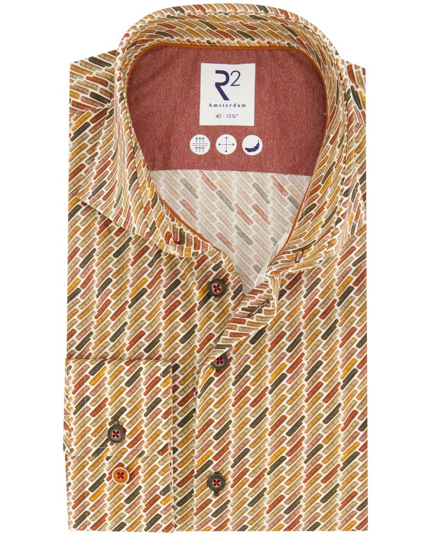 R2 overhemd geel geprint slim fit katoen