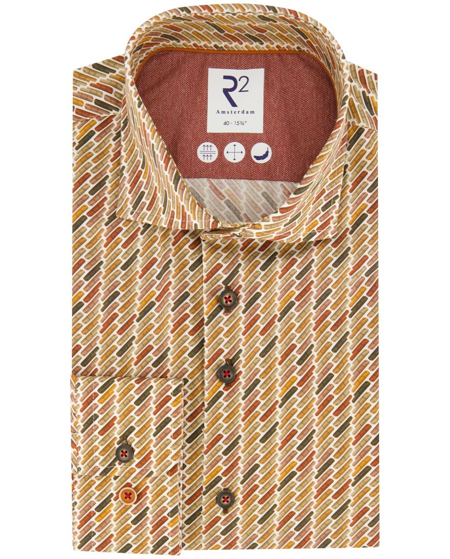 R2 overhemd geel geprint slim fit katoen