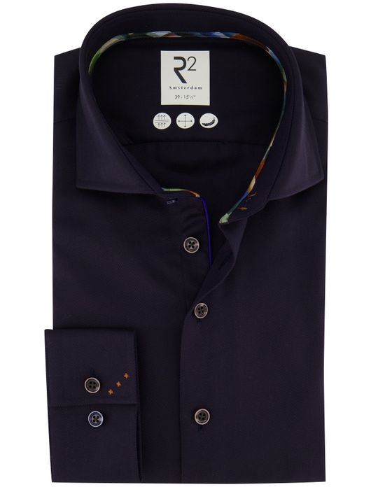 business overhemd R2 donkerblauw effen katoen slim fit