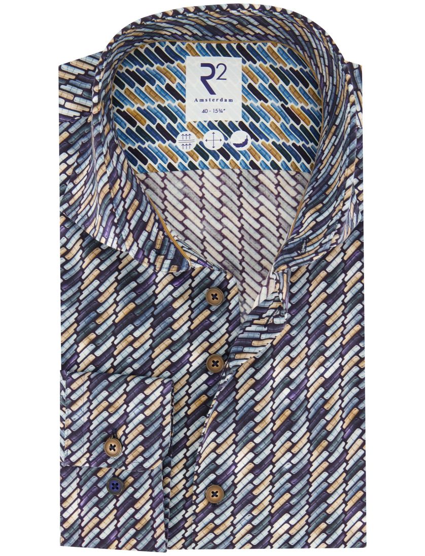 R2 overhemd donkerblauw geprint katoen slim fit wide spread boord