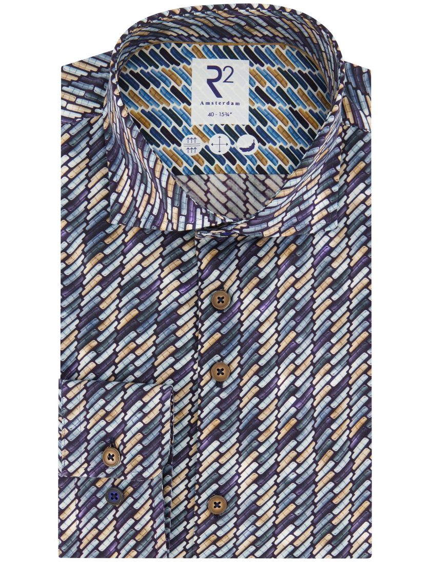 R2 overhemd donkerblauw geprint katoen slim fit wide spread boord