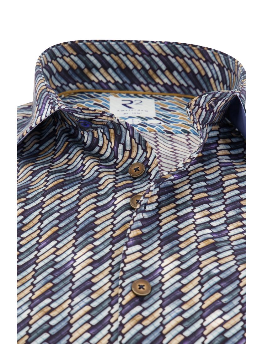R2 overhemd donkerblauw geprint katoen slim fit wide spread boord