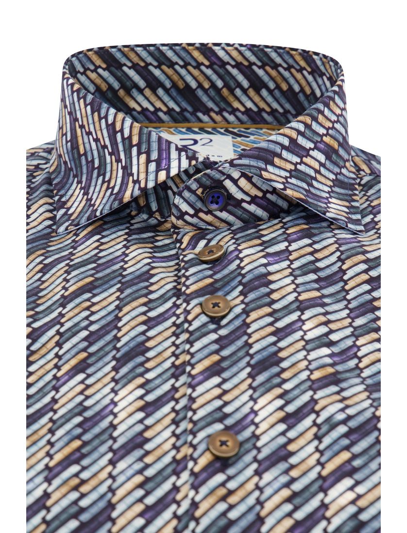 R2 overhemd donkerblauw geprint katoen slim fit wide spread boord
