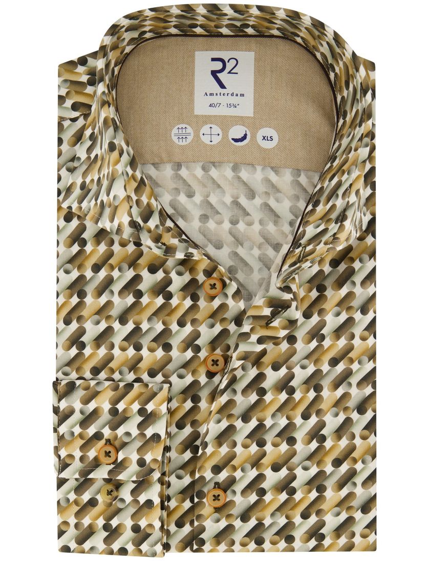 katoenen overhemd mouwlengte 7 R2 bruin geprint slim fit