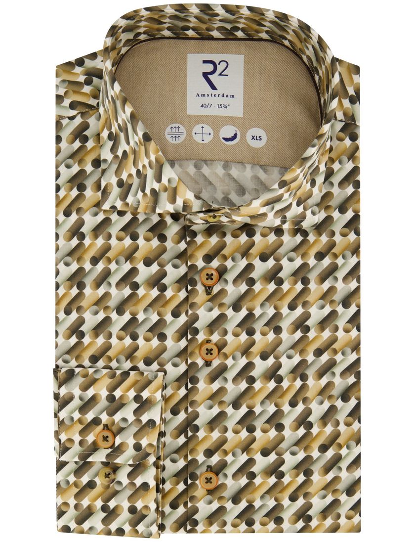 katoenen overhemd mouwlengte 7 R2 bruin geprint slim fit