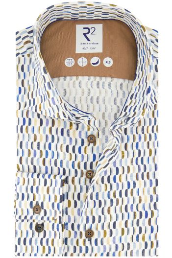 R2 R2 overhemd mouwlengte 7 slim fit blauw geprint 100% katoen