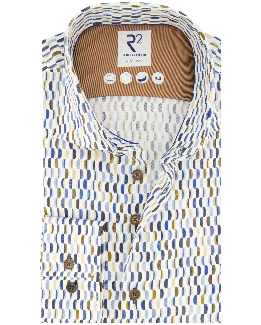 R2 overhemd mouwlengte 7 slim fit blauw geprint 100% katoen