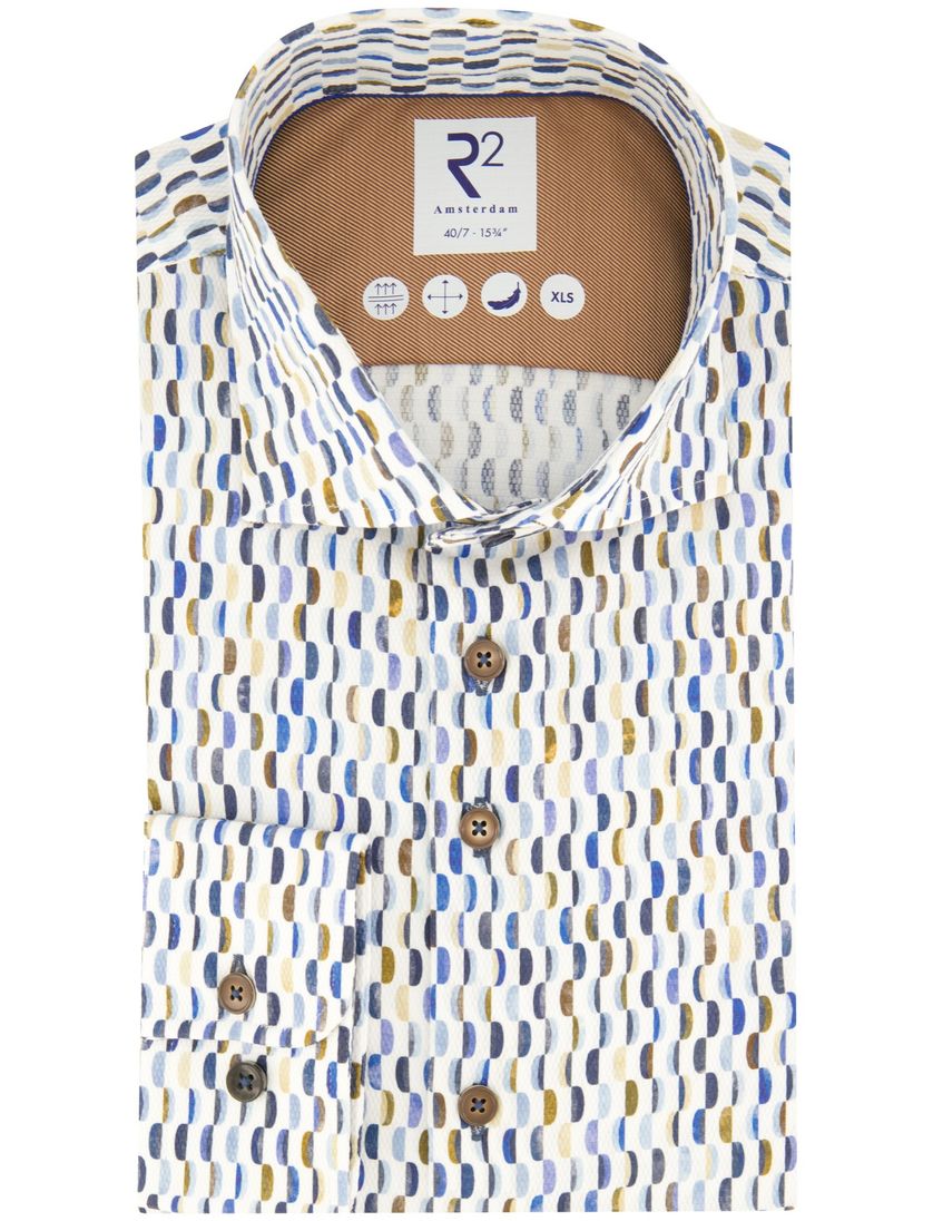 R2 casual overhemd mouwlengte 7 blauw geprint katoen slim fit