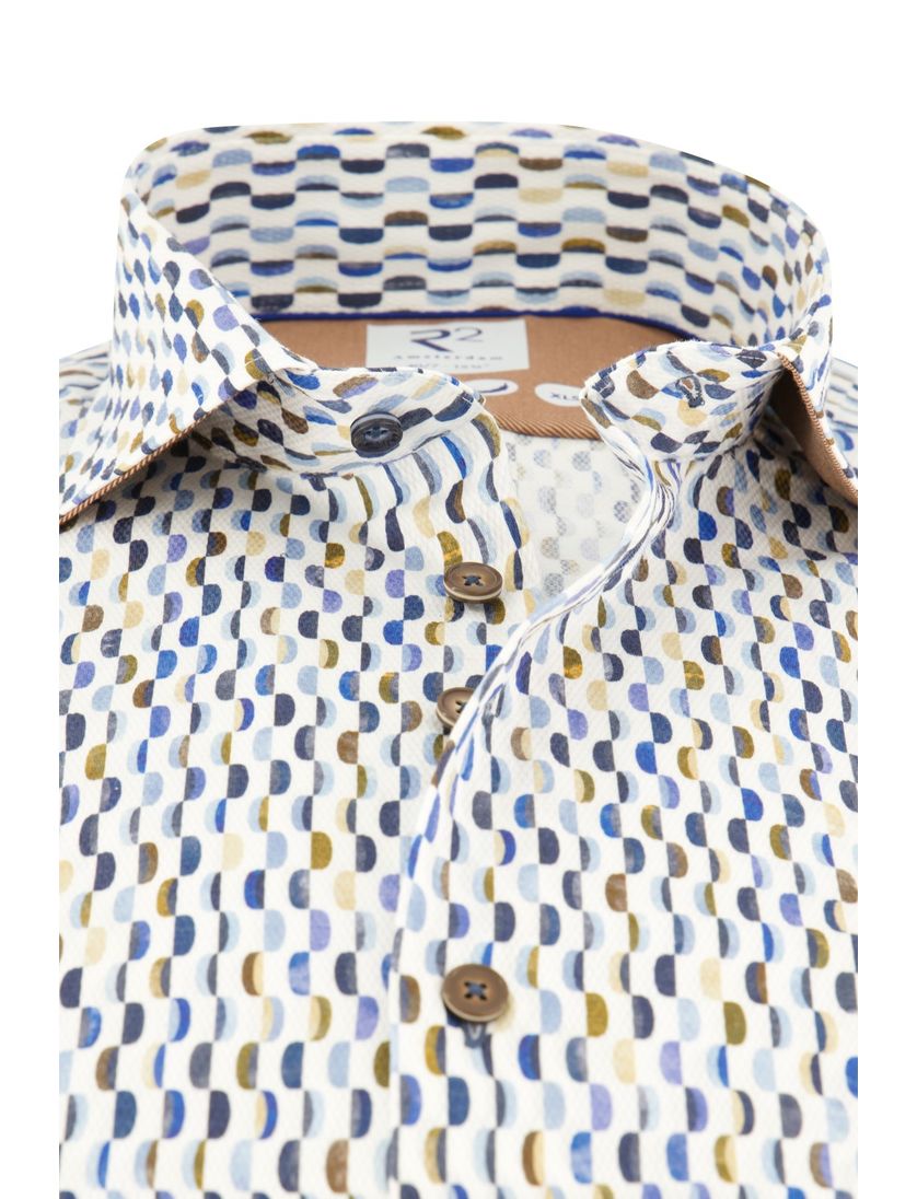 R2 casual overhemd mouwlengte 7 blauw geprint katoen slim fit