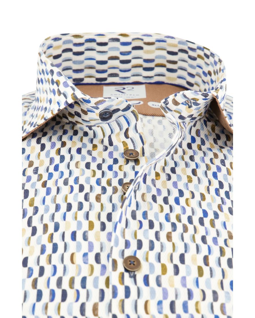 R2 overhemd mouwlengte 7 slim fit blauw geprint 100% katoen