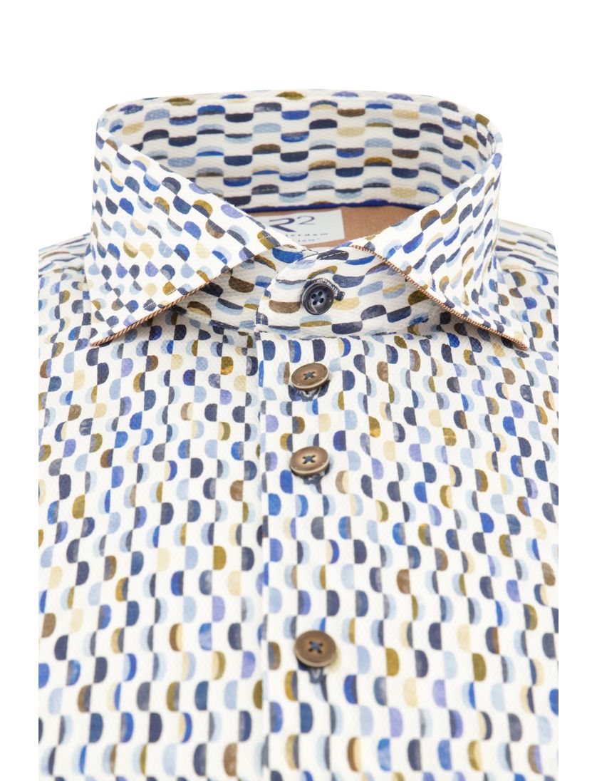 R2 casual overhemd mouwlengte 7 blauw geprint katoen slim fit