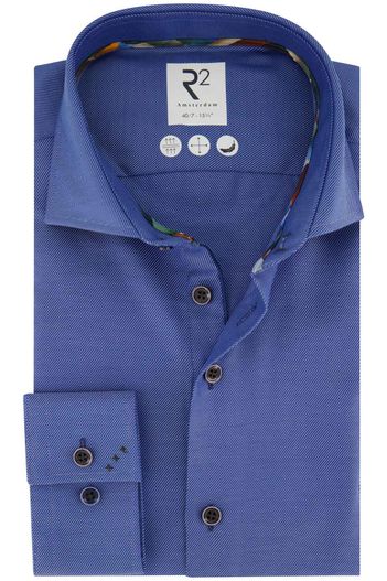 R2 R2 overhemd mouwlengte 7 slim fit blauw effen 100% katoen