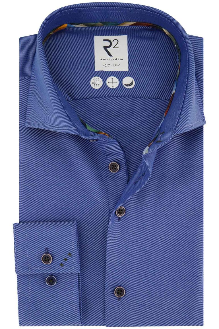 R2 overhemd mouwlengte 7 slim fit blauw effen 100% katoen