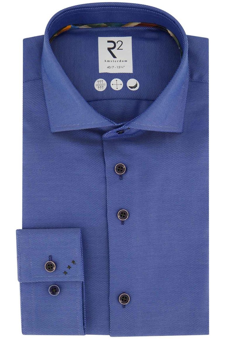 R2 overhemd mouwlengte 7 slim fit blauw effen 100% katoen