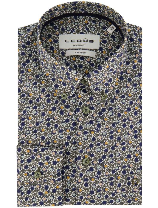 business overhemd Ledub groen geprint katoen normale fit