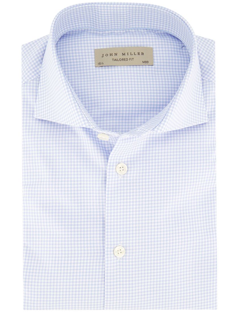 John Miller overhemd Normale Fit lichtblauw geruit strijkvrij