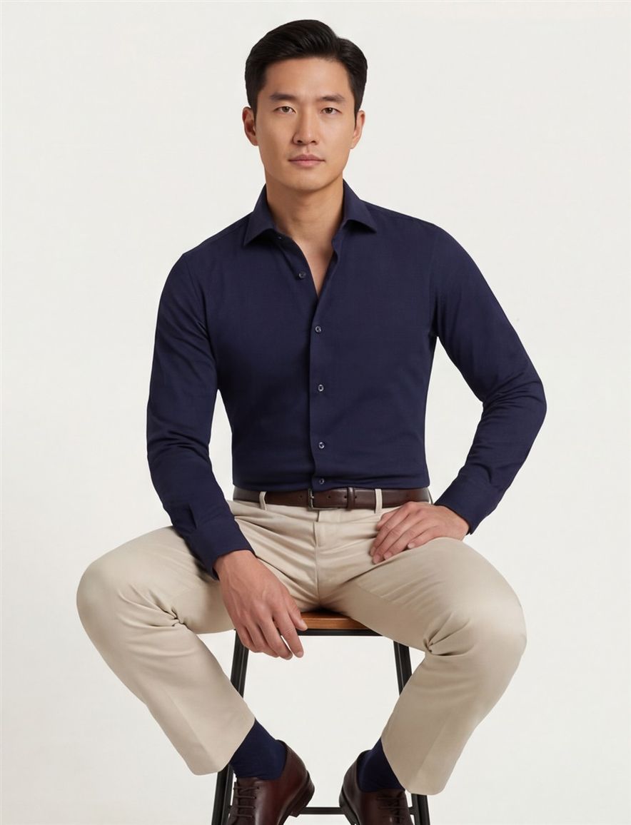 business overhemd Ledub Modern Fit New donkerblauw effen katoen normale fit