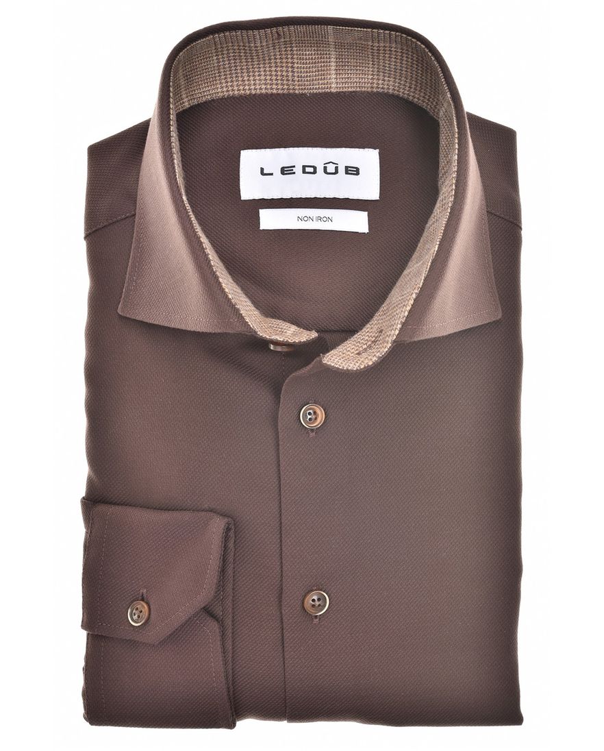 Ledub Modern Fit new overhemd bruin strijkvrij