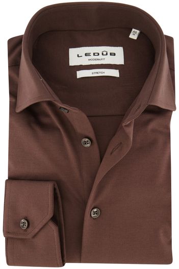 Ledub Ledub overhemd mouwlengte 7 bruin effen katoen, stretch