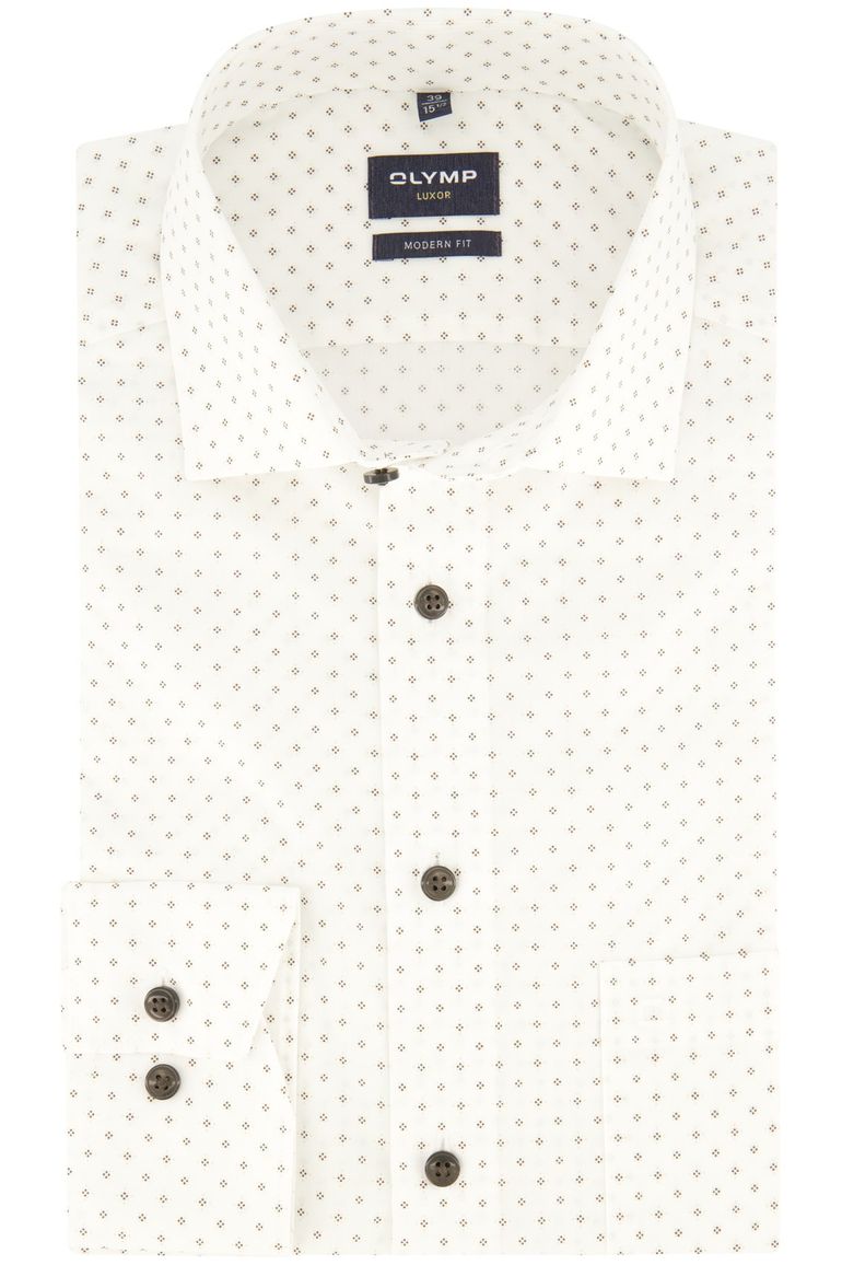 Olymp Luxor overhemd Modern Fit wit bruin geprint strijkvrij