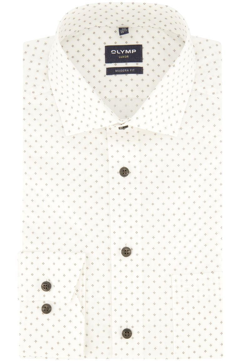Olymp Luxor overhemd Modern Fit wit bruin geprint strijkvrij