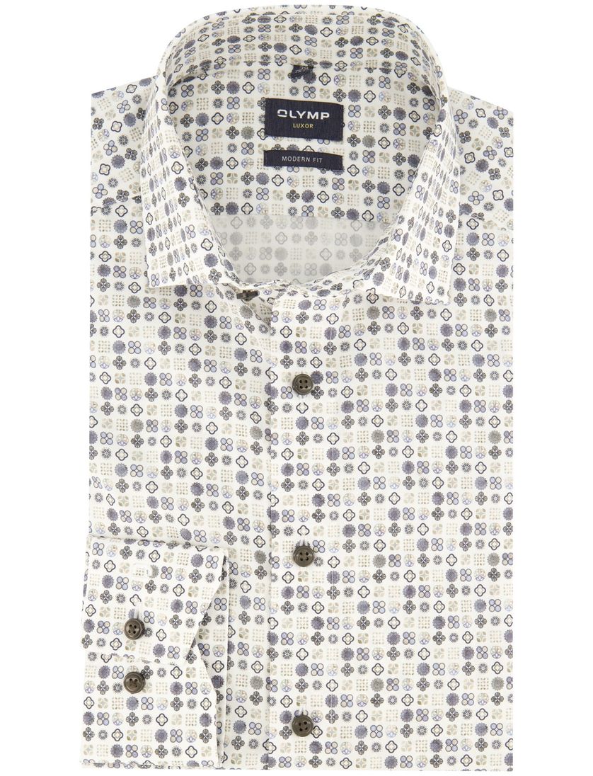 Olymp overhemd beige blauw geprint Luxor Modern Fit