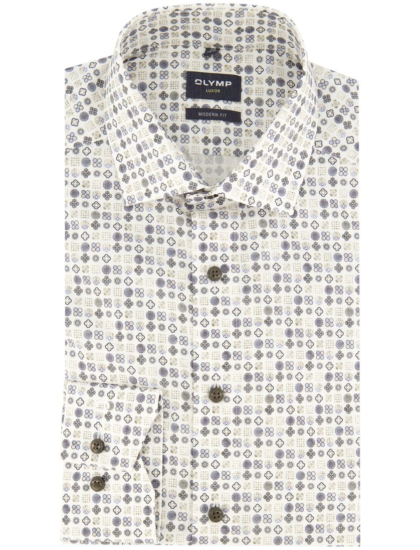 Olymp overhemd beige blauw geprint Luxor Modern Fit