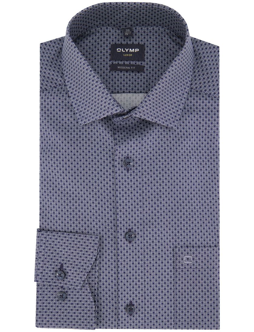 Olymp Luxor overhemd navy geprint Modern Fit met borstzak
